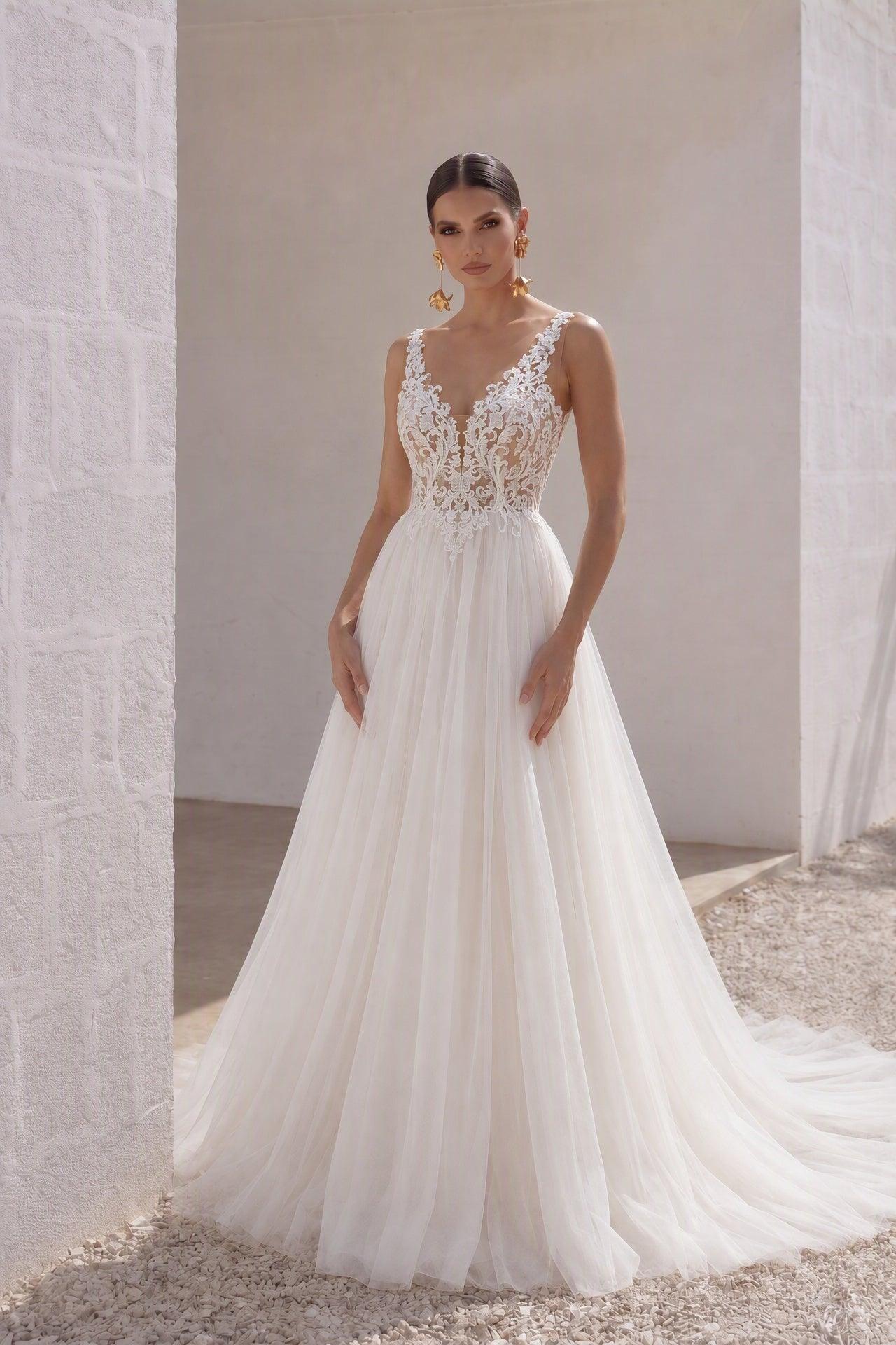 A-Line Court Train Lace Tulle Wedding Dress CW3262 - 35 Days / As Picture:Ivory/Sand / US0-UK2-EUR30 - COCOMELODY